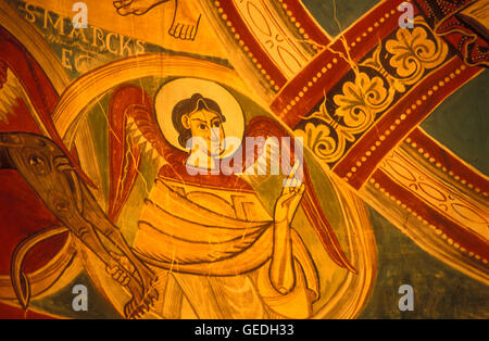 Detail of paintings in central apsis.`San Marcos´.Church of Sant Climent.Romanesque church. Taüll. Boí valley.Lleida province. Stock Photo
